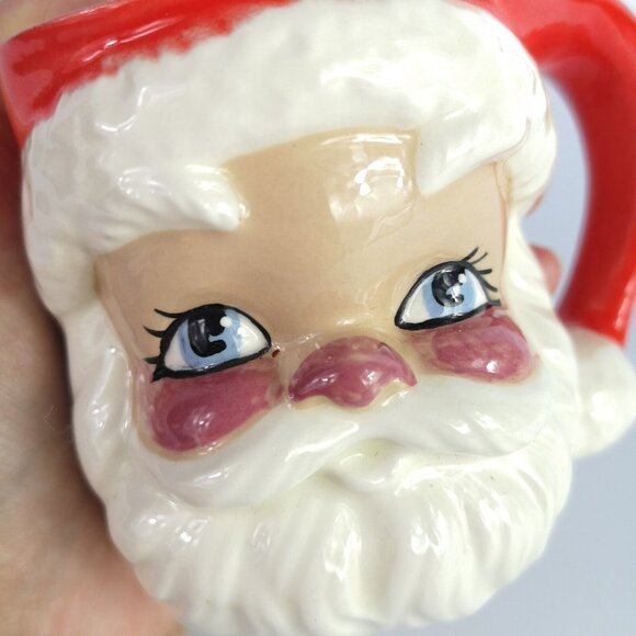 Vintage Ceramic Santa Christmas Mug Hand Painted Eyelashes Rosy Cheeks '82 Retro - Picture 6 of 9